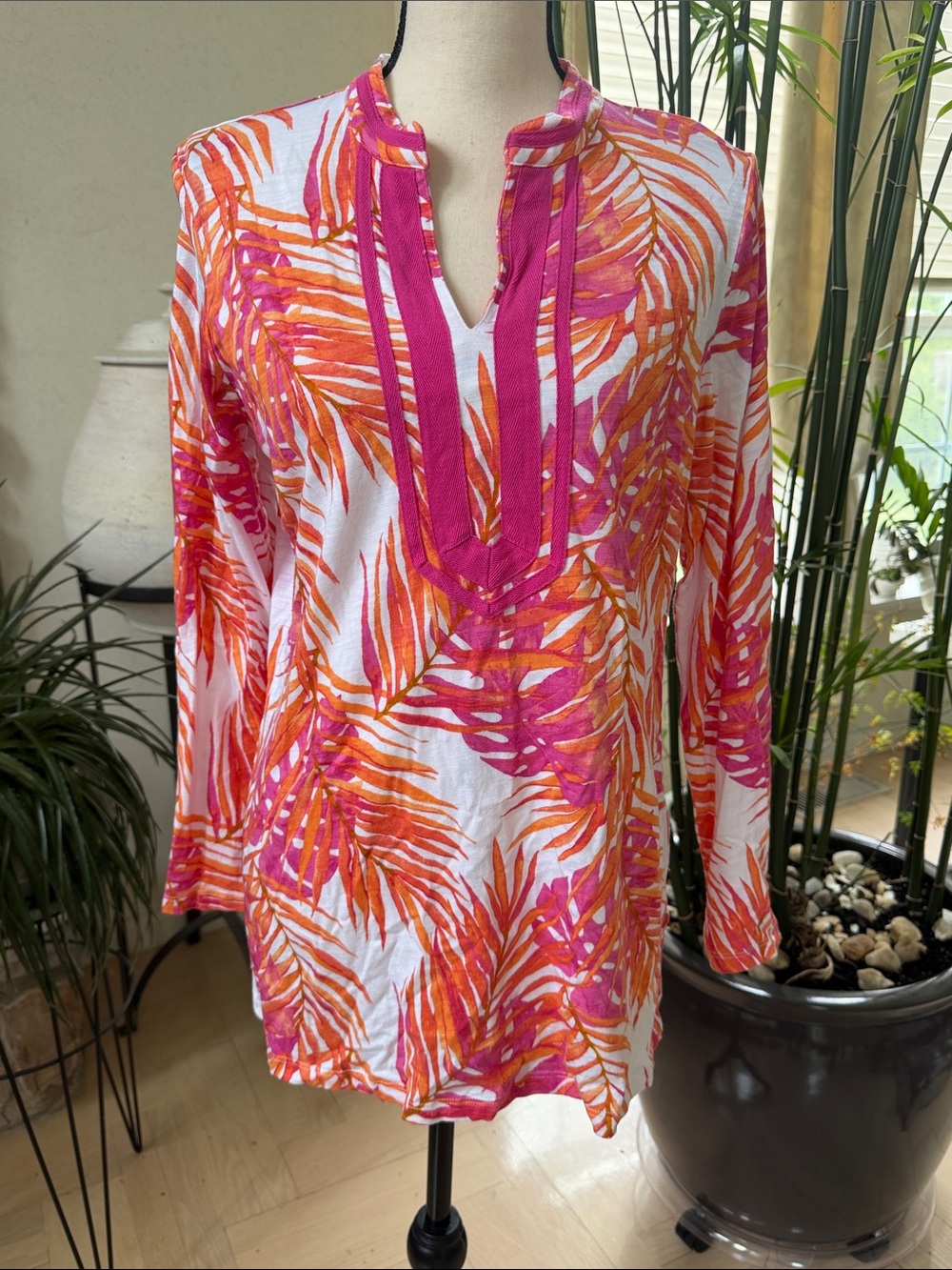 Belle by Kim Gravel Pink & Orange Tropical Leaf Tunic Cover-Up